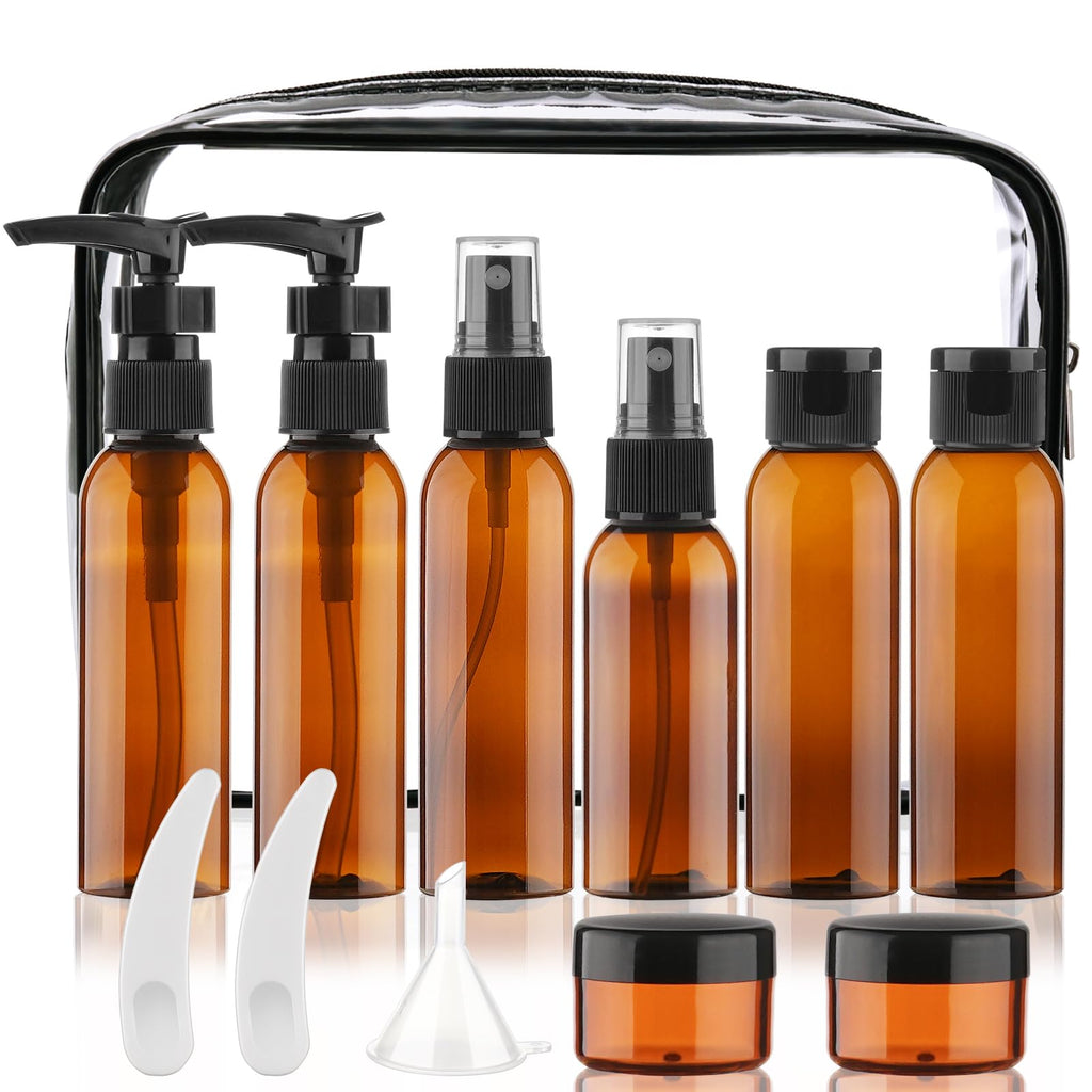 Cosywell 13-Piece 2 oz TSA Approved Travel Bottles for Toiletries Kit | Refillable set Includes Pump, Spray and Flip-cap Bottles, Cream Jars, Spatulas, Funnel and Clear Bag for Shampoo and Lotion