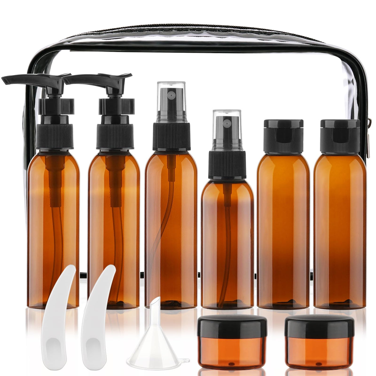 Cosywell 13-Piece 2 oz TSA Approved Travel Bottles for Toiletries Kit | Refillable set Includes Pump, Spray and Flip-cap Bottles, Cream Jars, Spatulas, Funnel and Clear Bag for Shampoo and Lotion