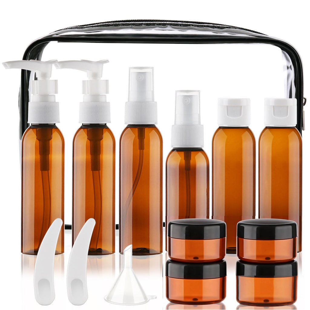Cosywell 13-Piece 2 oz TSA Approved Travel Bottles for Toiletries Kit | Refillable set Includes Pump, Spray and Flip-cap Bottles, Cream Jars, Spatulas, Funnel and Clear Bag for Shampoo and Lotion