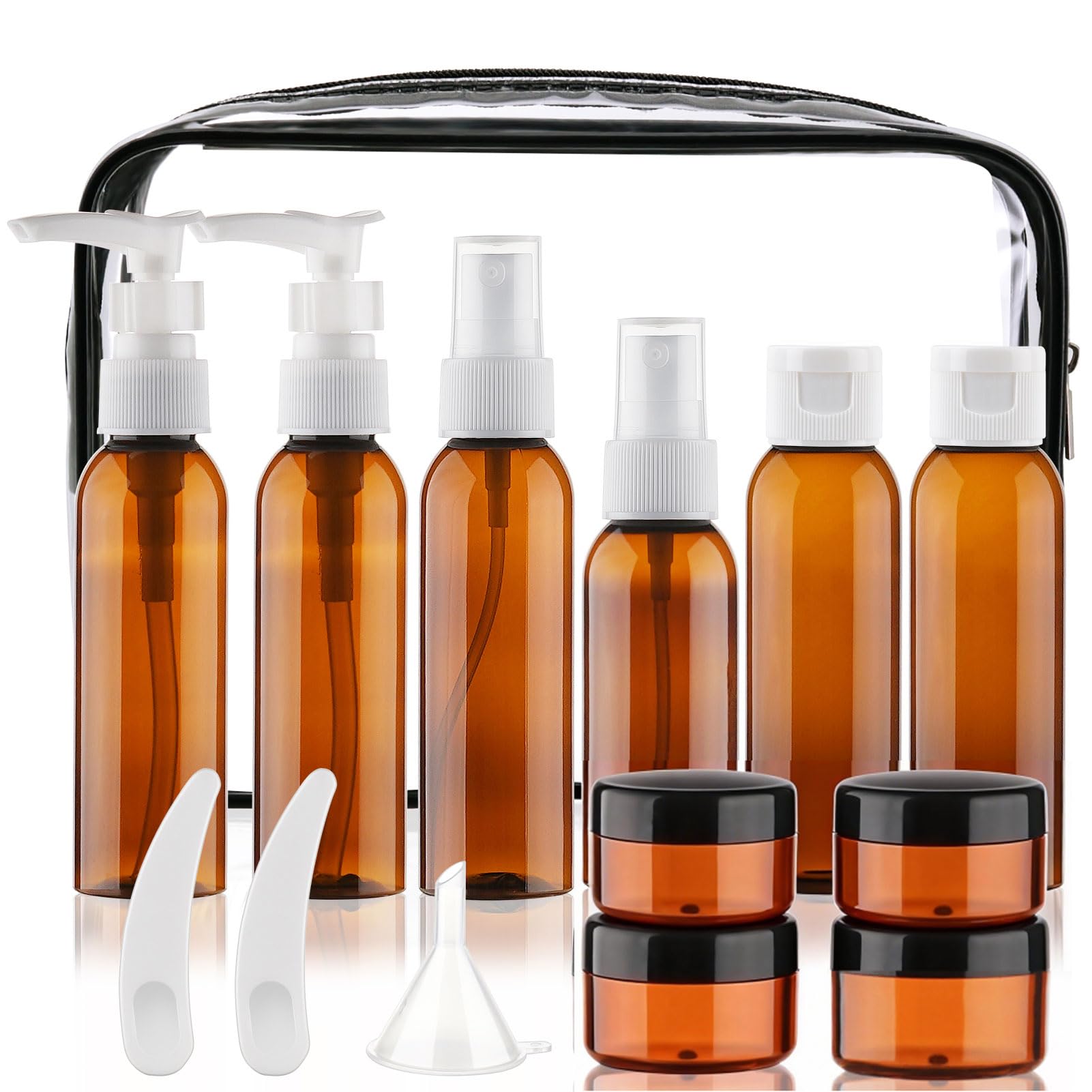 Cosywell 13-Piece 2 oz TSA Approved Travel Bottles for Toiletries Kit | Refillable set Includes Pump, Spray and Flip-cap Bottles, Cream Jars, Spatulas, Funnel and Clear Bag for Shampoo and Lotion