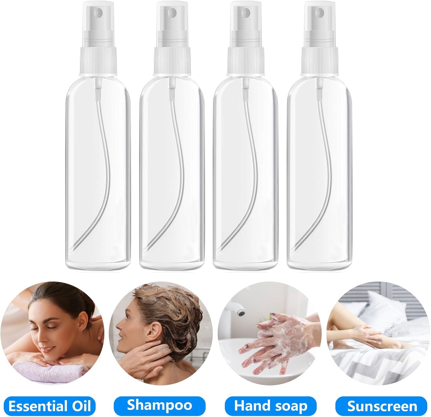DTDNZKN 4 Pack 3.4 Oz (100ml) TSA Approved Travel Bottles | Travel Size Containers Plastic Spray Bottles withFunnels and Labels - Fine Mist, Refillable, Leak Proof