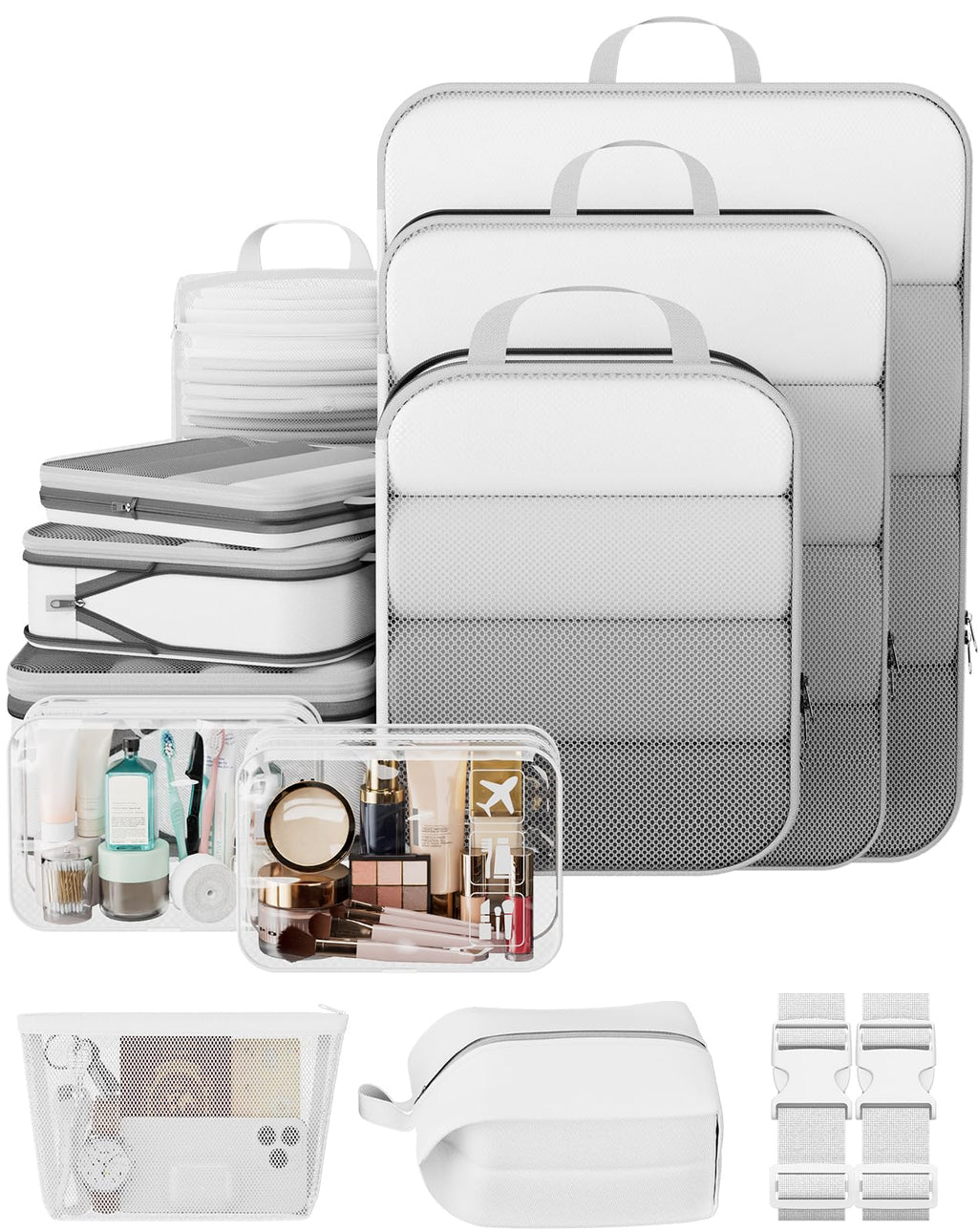 Veken 9/11 Set Compression Packing Cubes Garment Bags for Travel Essentials,Compressible Expandable Luggage Organizer Bags for Clothing,Space Saver Bags with Over 1000 pcs of Mesh Holes(Beige)