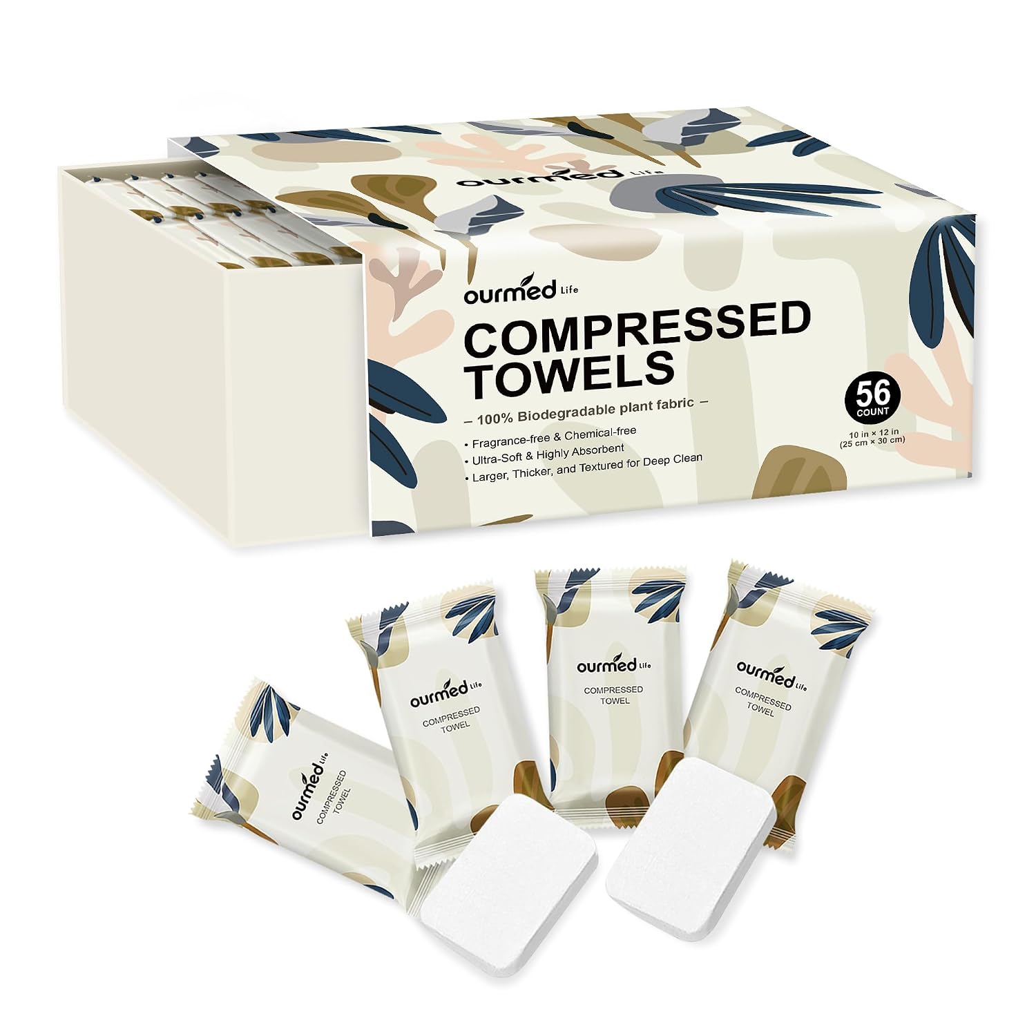 Ourmed Life Compressed Towel, Disposable Washcloths, 12 x 10 Inch, 56 Count | Travel Essential, Individually Wrapped, Biodegradable, Expand with Water, Lint-Free, Dry & Wet Use,Camping and Hiking