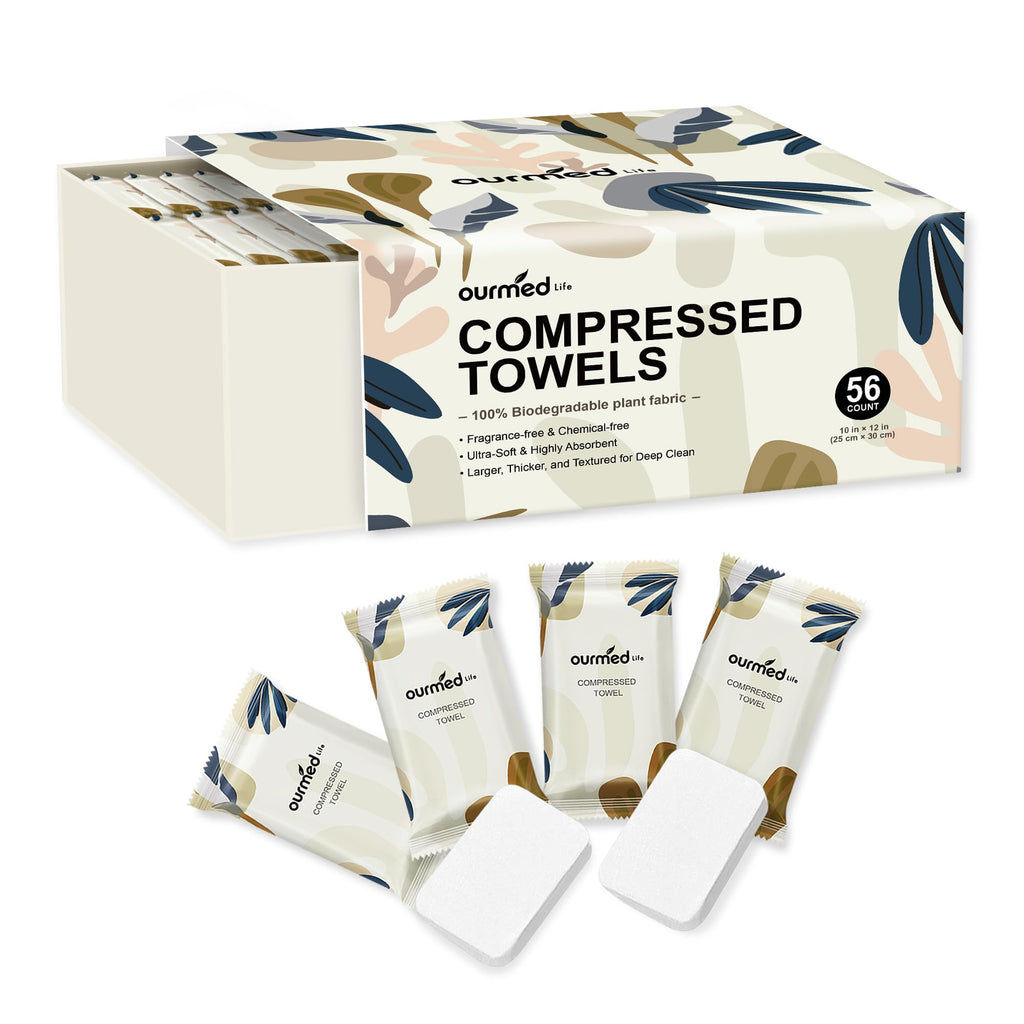 Ourmed Life Compressed Towel, Disposable Washcloths, 12 x 10 Inch, 56 Count | Travel Essential, Individually Wrapped, Biodegradable, Expand with Water, Lint-Free, Dry & Wet Use,Camping and Hiking