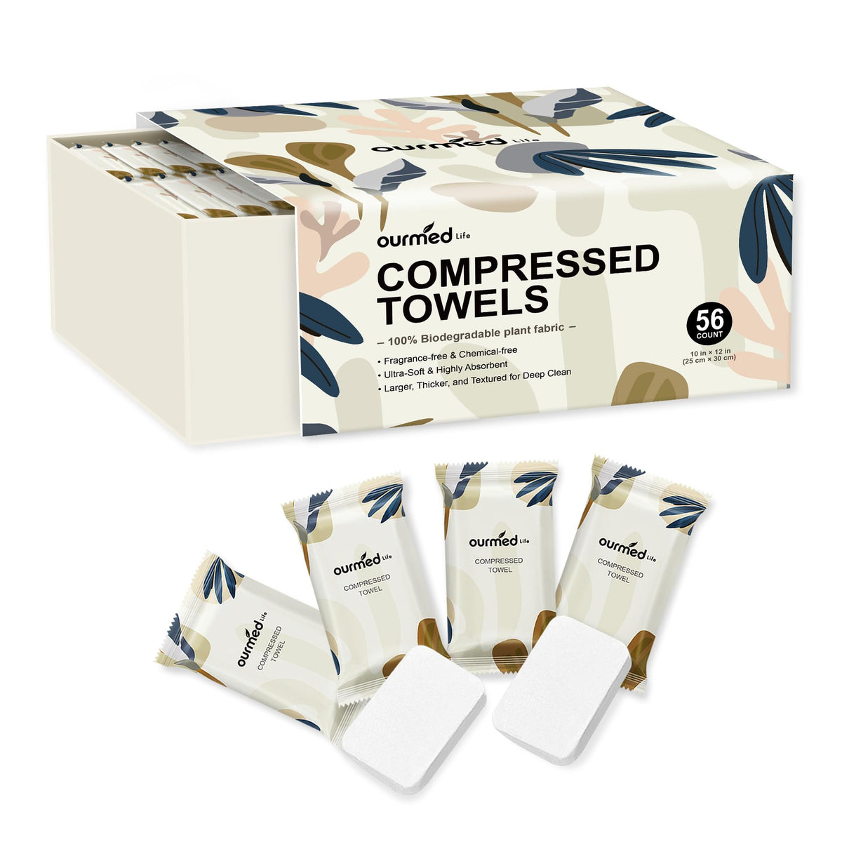 Ourmed Life Compressed Towel, Disposable Washcloths, 12 x 10 Inch, 56 Count | Travel Essential, Individually Wrapped, Biodegradable, Expand with Water, Lint-Free, Dry & Wet Use,Camping and Hiking