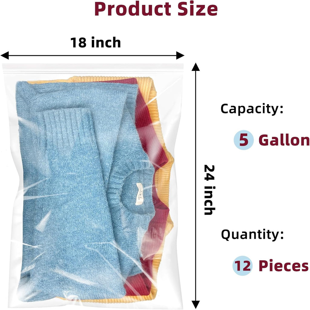 Yotelab Large 5 Gallon Plastic Zipper Storage Bags, 18x24 Inch, 12Pcs | Clear, Resealable, Large Zip Bags for Clothes, Travel, Moving
