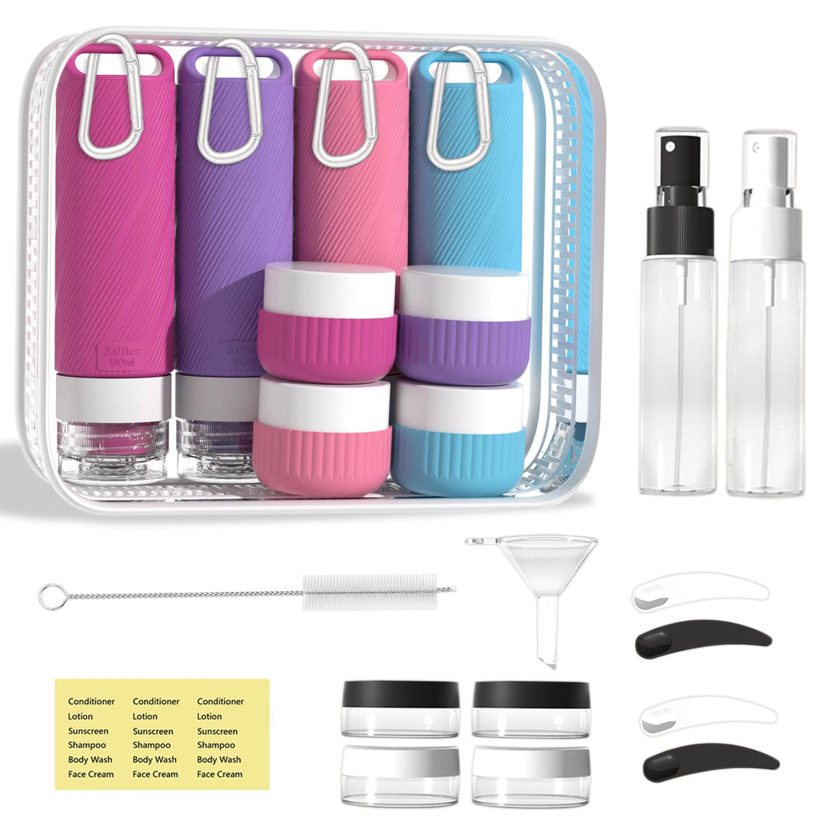 Travel Toiletry Containers 26Pcs Silicone Leakproof TSA Approved Set | Travel Bottles with Hanging Holes & Carabiners, Space Saving Portable, Easy Clean for Trips and Weekend Getaways