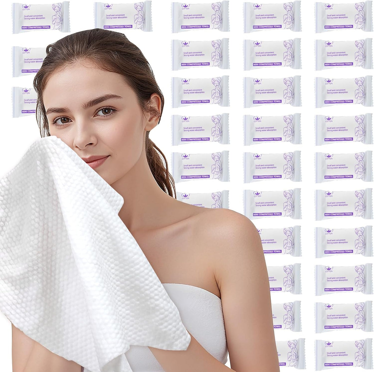 Disposable Compressed Face Towels, 50 Pcs Individually Wrapped, Pure Cotton Travel Washcloths 11.8 x 9.5 in, Soft & Lint-Free, Portable for Travel & Business Trips