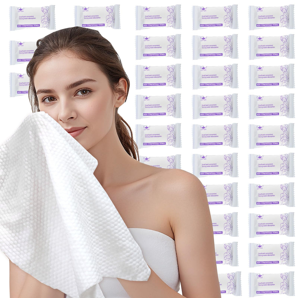 Disposable Compressed Face Towels, 50 Pcs Individually Wrapped, Pure Cotton Travel Washcloths 11.8 x 9.5 in, Soft & Lint-Free, Portable for Travel & Business Trips