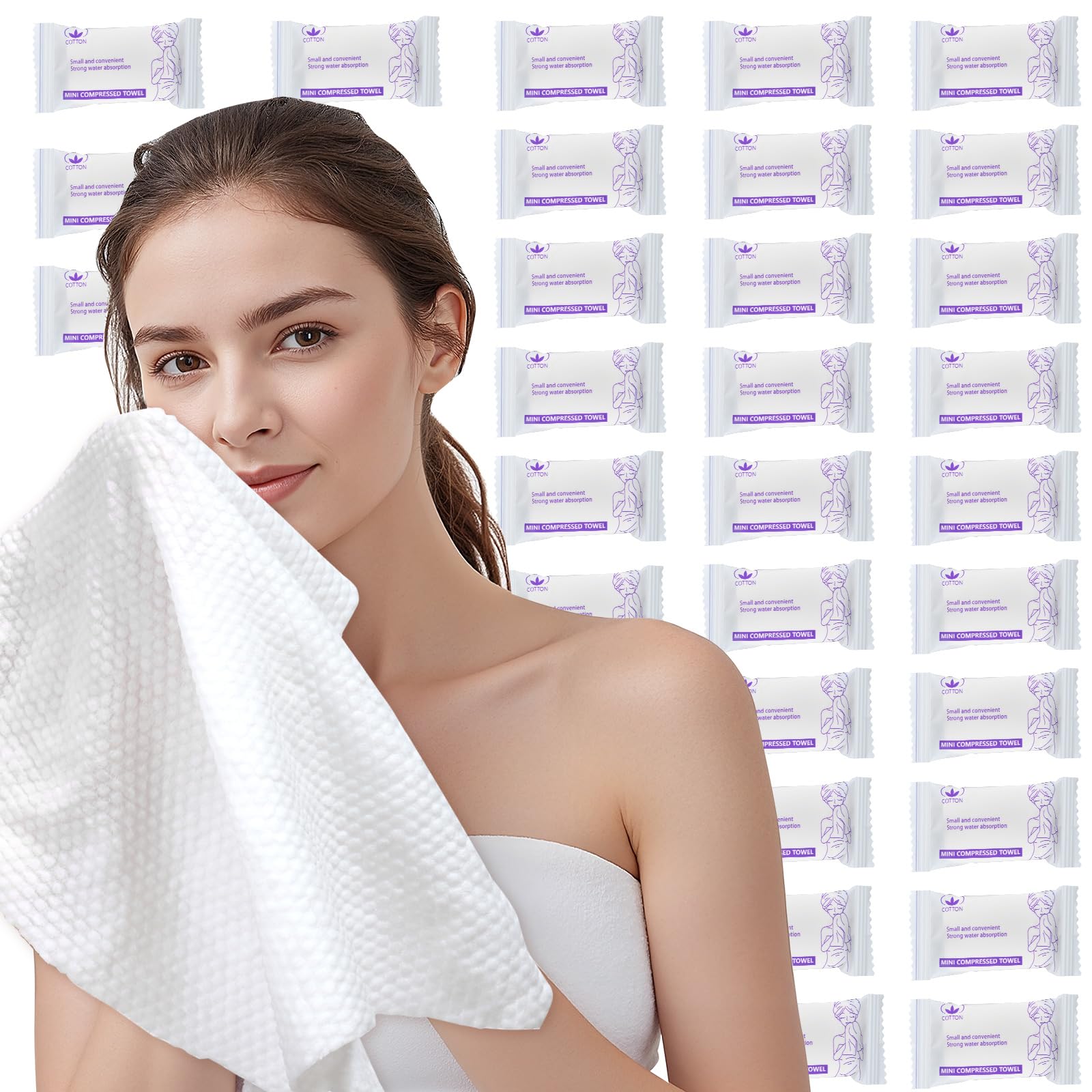 Disposable Compressed Face Towels, 50 Pcs Individually Wrapped, Pure Cotton Travel Washcloths 11.8 x 9.5 in, Soft & Lint-Free, Portable for Travel & Business Trips