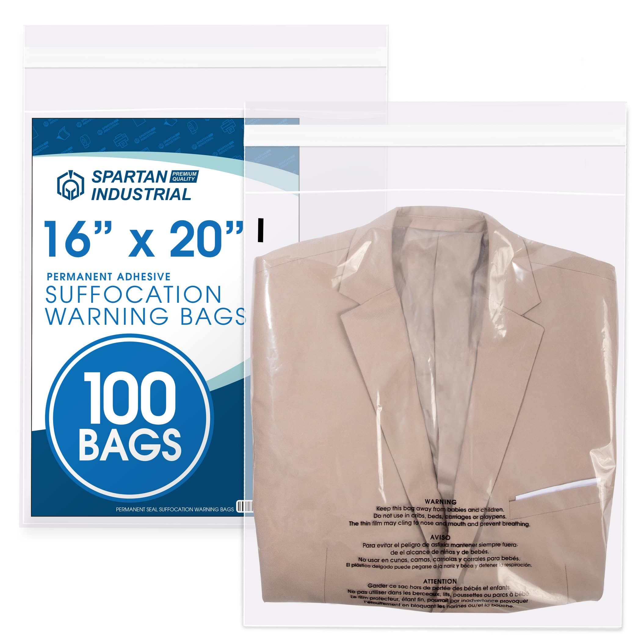 12" X 18" (500 Count) Self Seal Clear Poly Bags with Suffocation Warning | for Packaging and Clothes - Permanent Adhesive - Spartan Industrial