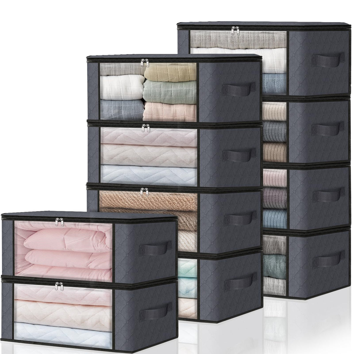 HomeHacks 3-Pack Clothes Organizer Storage Bags, 35L Storage Bins, Gray | Foldable Storage Box Container with Zippers, Clear Window, Reinforced Handles for Closet, Dorm, Pillows, Bedding, Sweater