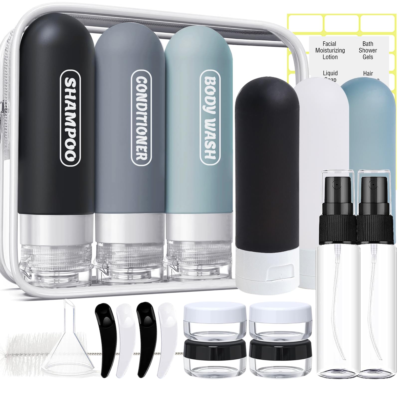 Pre-printed Silicone Travel Bottles for Toiletries 3oz | TSA Approved, Leak Proof, Squeezable Containers For Shampoo Conditioner, Travel Essentials, with Clear Bag, 4 Pack