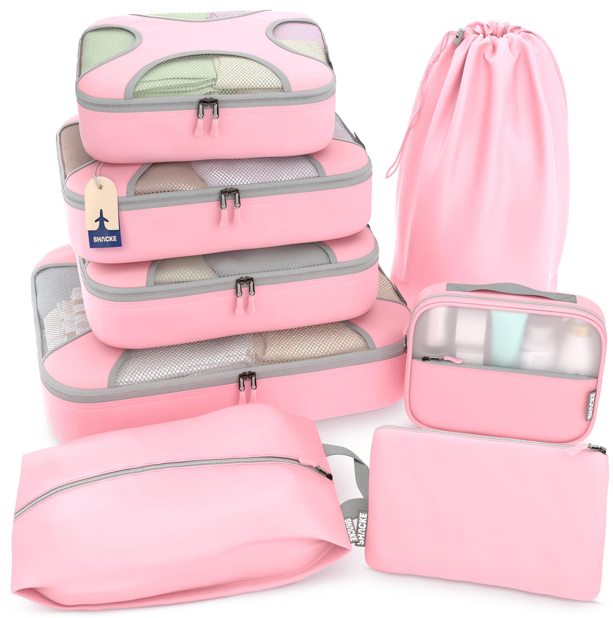 Shacke 5 Set Packing Cubes for Travel with Laundry Bag (Pure Black) | Suitcase Organizer Bags Set: 4 Water-Resistant Luggage Cubes, XL to Small, + Laundry Bag for Carry-On or Checked
