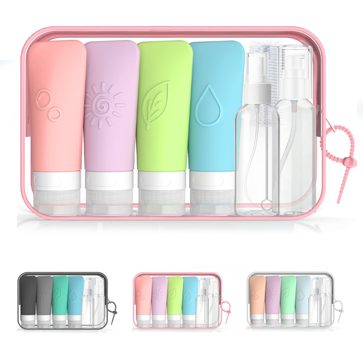 16-Piece Silicone Travel Bottles Set – TSA Approved Leakproof Toiletry Kit with Flat Easy-Squeeze Bottles, Pump & Spray, Waterproof Bag | 16-Piece Silicone Bottles Set,TSA Approved Leakproof,Easy-Squeeze Bottles,Come with Pump,Spray bottles and Waterproof
