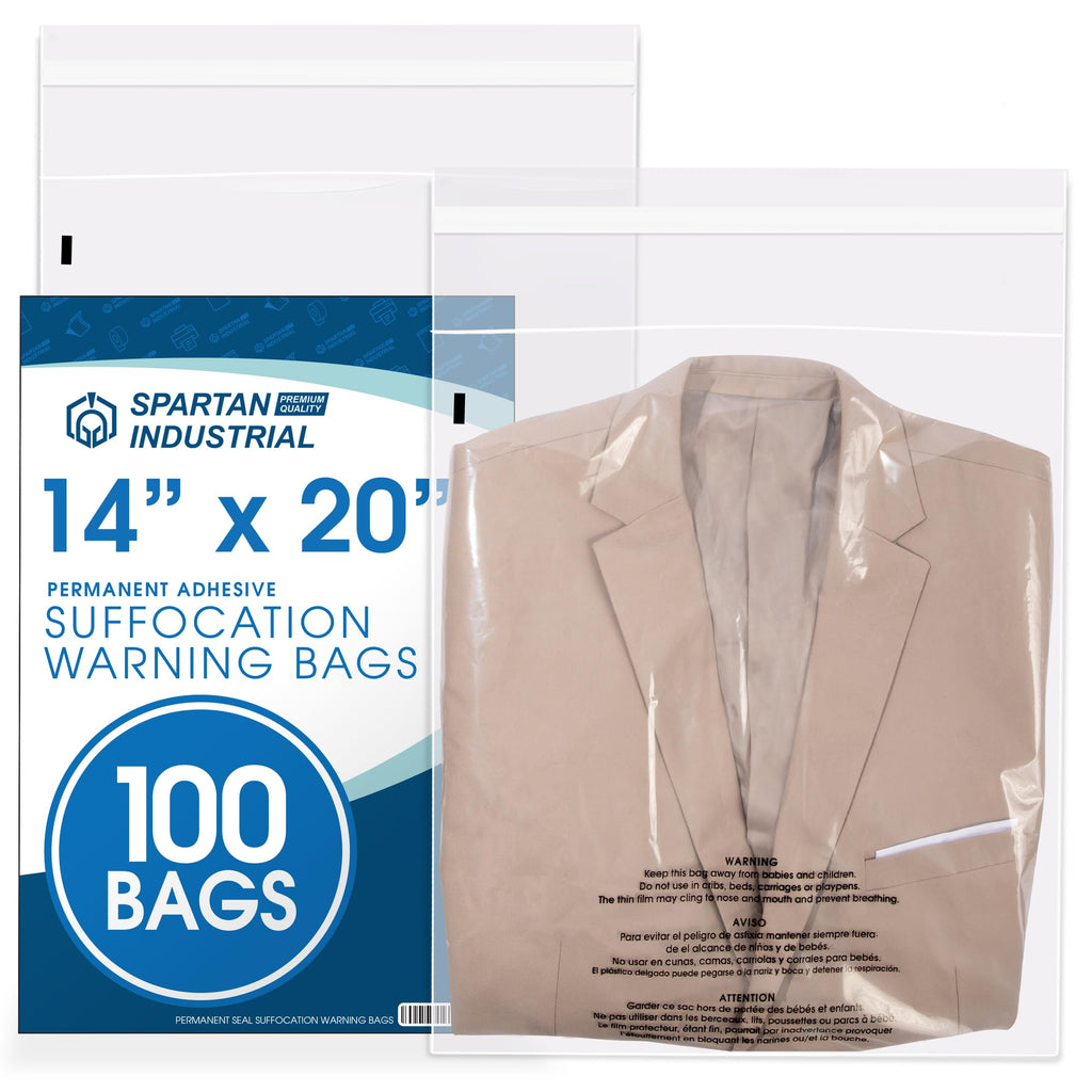 12" X 18" (500 Count) Self Seal Clear Poly Bags with Suffocation Warning | for Packaging and Clothes - Permanent Adhesive - Spartan Industrial