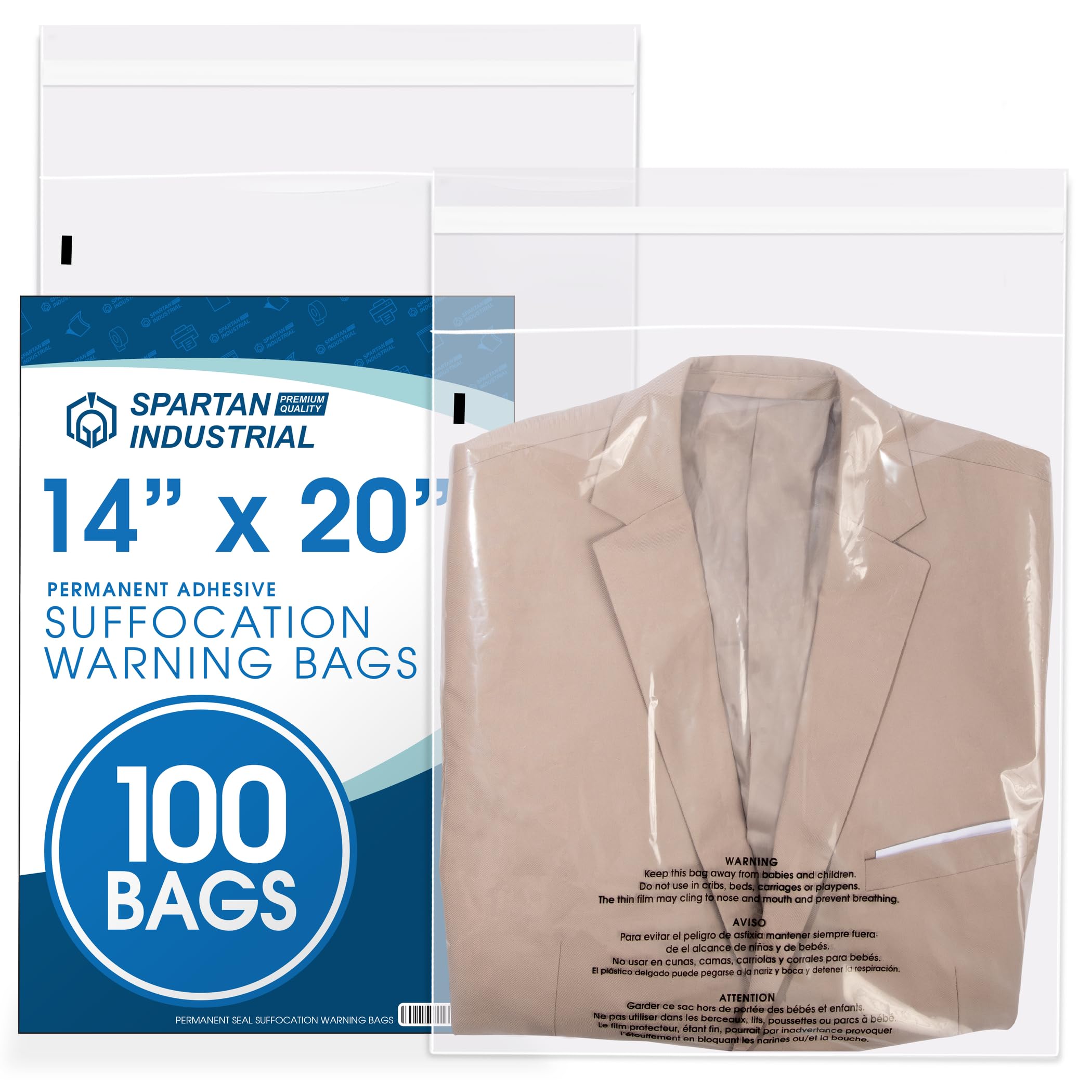 12" X 18" (500 Count) Self Seal Clear Poly Bags with Suffocation Warning | for Packaging and Clothes - Permanent Adhesive - Spartan Industrial