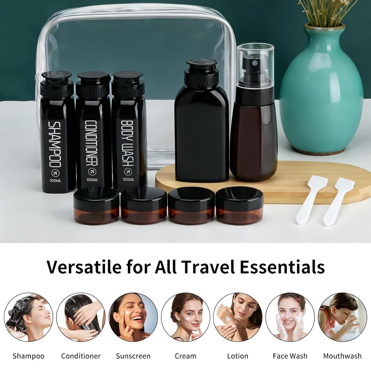 Cosywell Travel Bottles for Toiletries 10PCS 100ml/3.4oz Pre-Printed Shampoo, Conditioner & Body Wash TSA Approved 2oz Spray Bottle Leakproof 0.35oz Plastic Cream Jars Refillable Cream Lotion(Black)