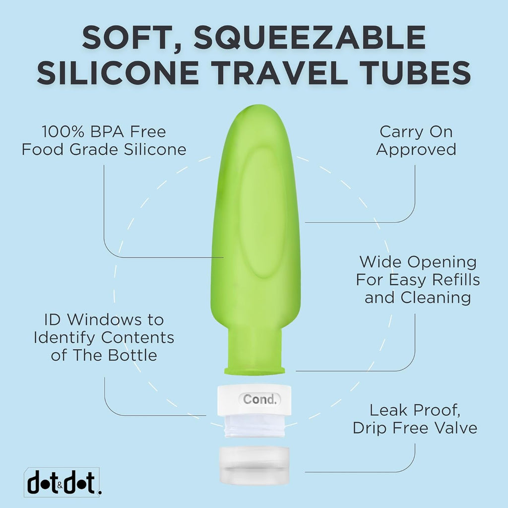 Dot&Dot Leak Proof Travel Bottles - Tubes for Liquid TSA Approved 3oz Silicone Toiletries Travel Shampoo & Conditioner Containers with Labels