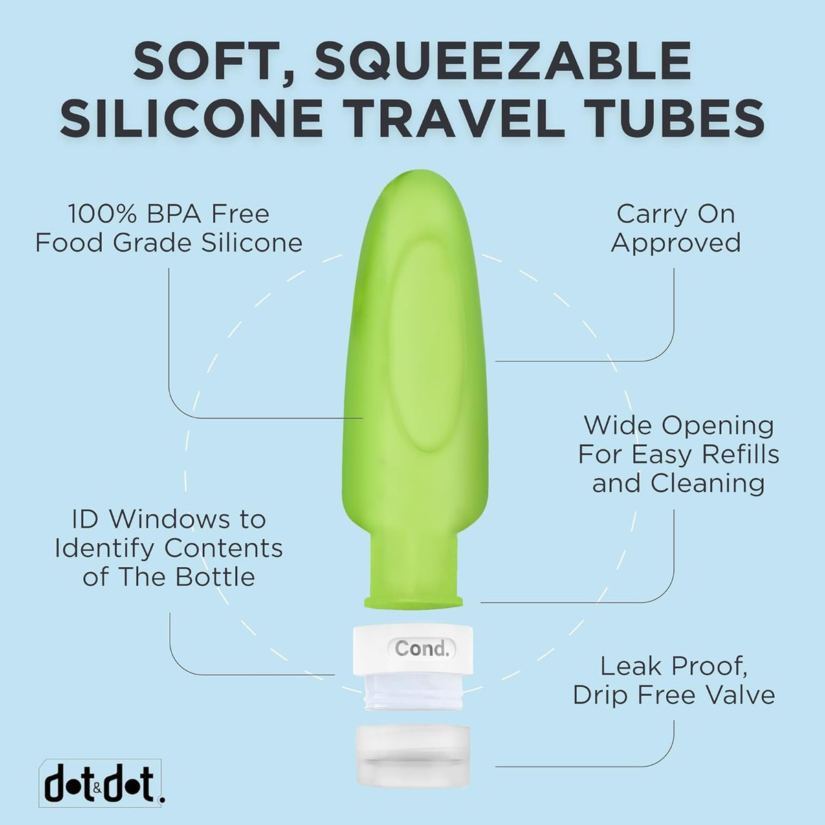 Dot&Dot Leak Proof Travel Bottles - Tubes for Liquid TSA Approved 3oz Silicone Toiletries Travel Shampoo & Conditioner Containers with Labels