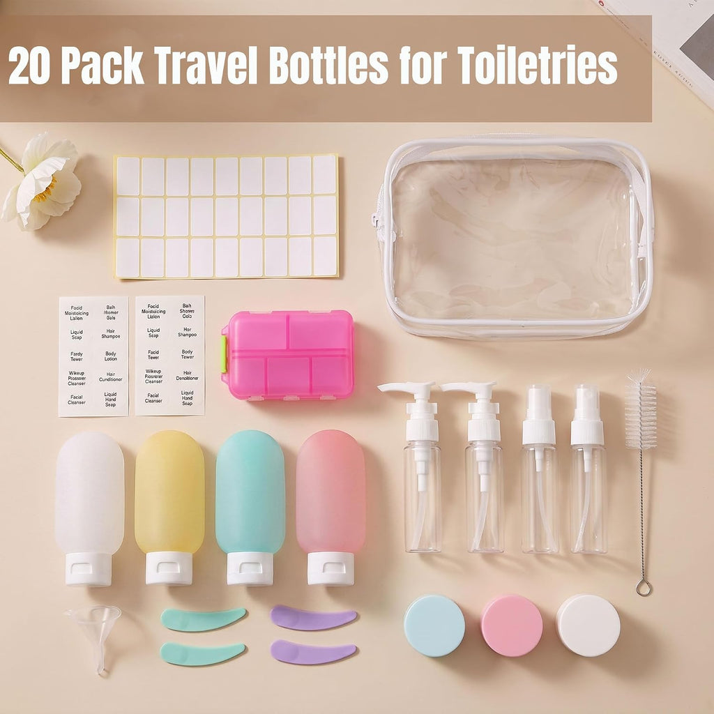 20 Pack Travel Bottles for Toiletries, Travel Containers with Pill Case | Portable, TSA Approved, Leak Proof, Shampoo Conditioner Bottles, Airplane Cruise Travel Essentials, for Women Men