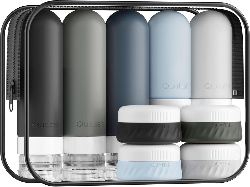 Quatish 15 Pack Travel Bottles for Toiletries, Original Patented, TSA Approved Travel Size Containers, Leak Proof Silicone Shampoo and Conditioner Bottles Women & Men, Airplane Essentials, Black