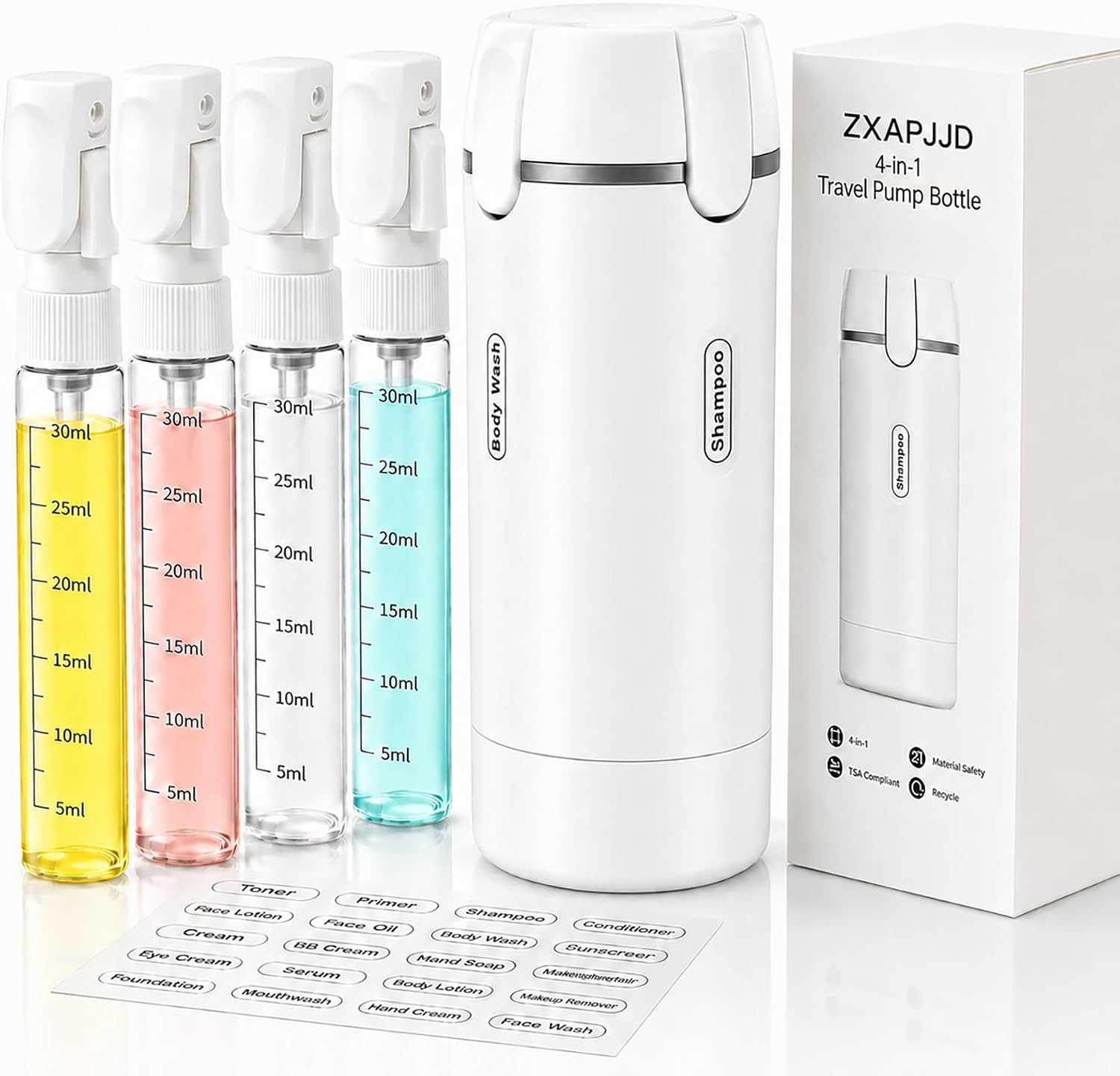 4-in-1 Travel Dispenser Bottle, TSA Approved Leakproof Set(White) | 4-in-1 rotatable design, leakproof hard shell, 4x30ml/1oz liquid containers, TSA carry-on approved, essentials for women&men
