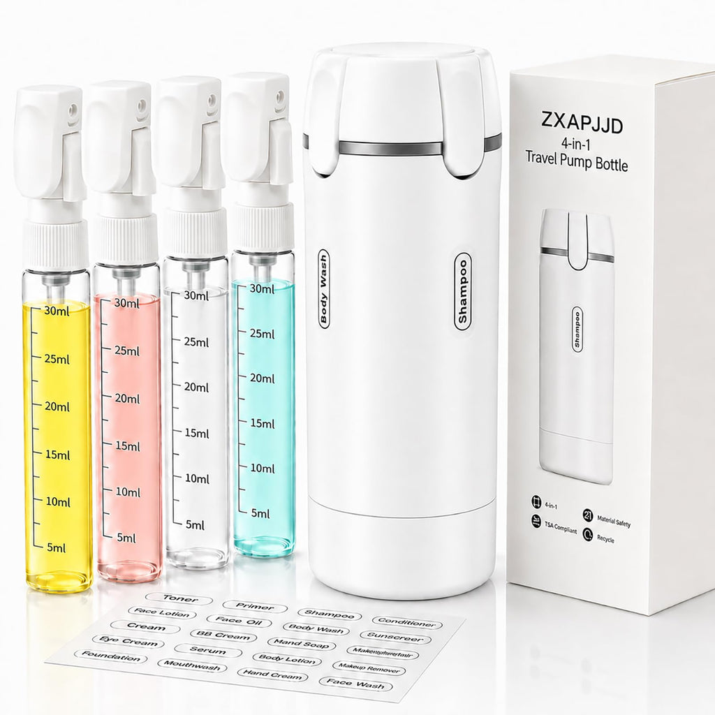 4-in-1 Travel Dispenser Bottle, TSA Approved Leakproof Set(White) | 4-in-1 rotatable design, leakproof hard shell, 4x30ml/1oz liquid containers, TSA carry-on approved, essentials for women&men