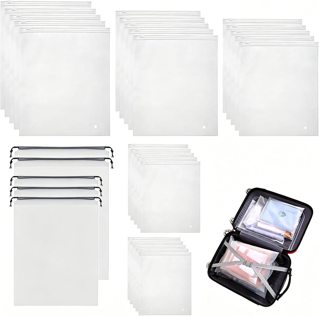 30Pack Travel Packing Bags, Multi-Size Clothing Organizer Zipper Bag | 6 Sizes Frosted Plastic Travel Bags. Clothes, Shoes, Toiletries, Swimsuits Suitcase Organizer. Lightweight Travel Accessories