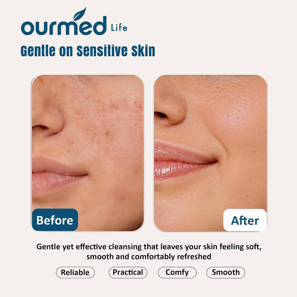 Ourmed Life Disposable Face Towels XL, Ultra Soft & Absorbent, 50 Count | 10" x 12", Sensitive Skin Friendly, Skin Soothing, Redness Care, Biodegradable, Facial Towels for Makeup Removal & Cleansing