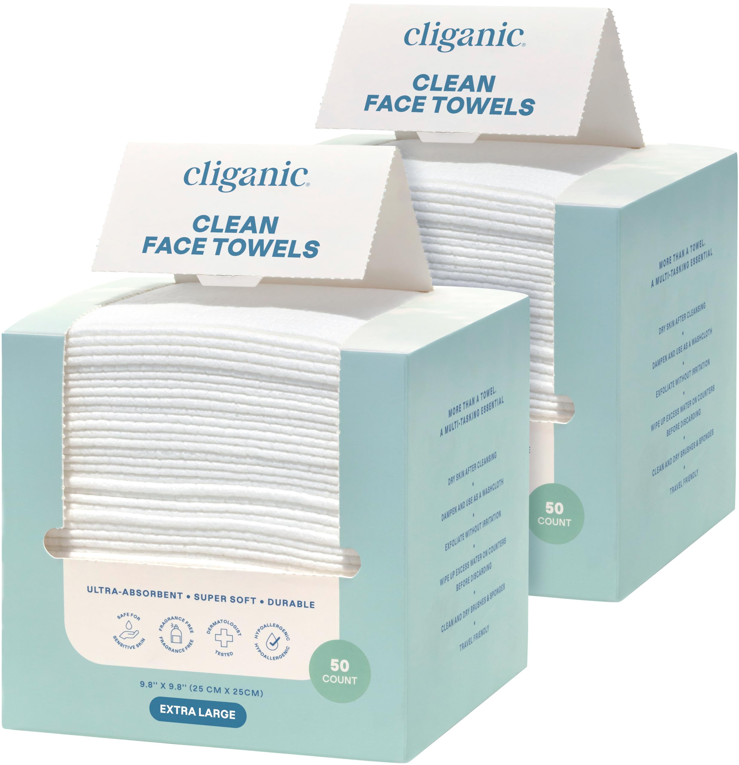 Cliganic Clean Face Towels XL, Disposable, Ultra-Absorbent, Hypoallergenic & Soft - Makeup Remover Dry Wipes, Pamper Your Face, Feel Fresh & Radiant, Hygienic Towelettes, for All Skin Types (50 Ct)