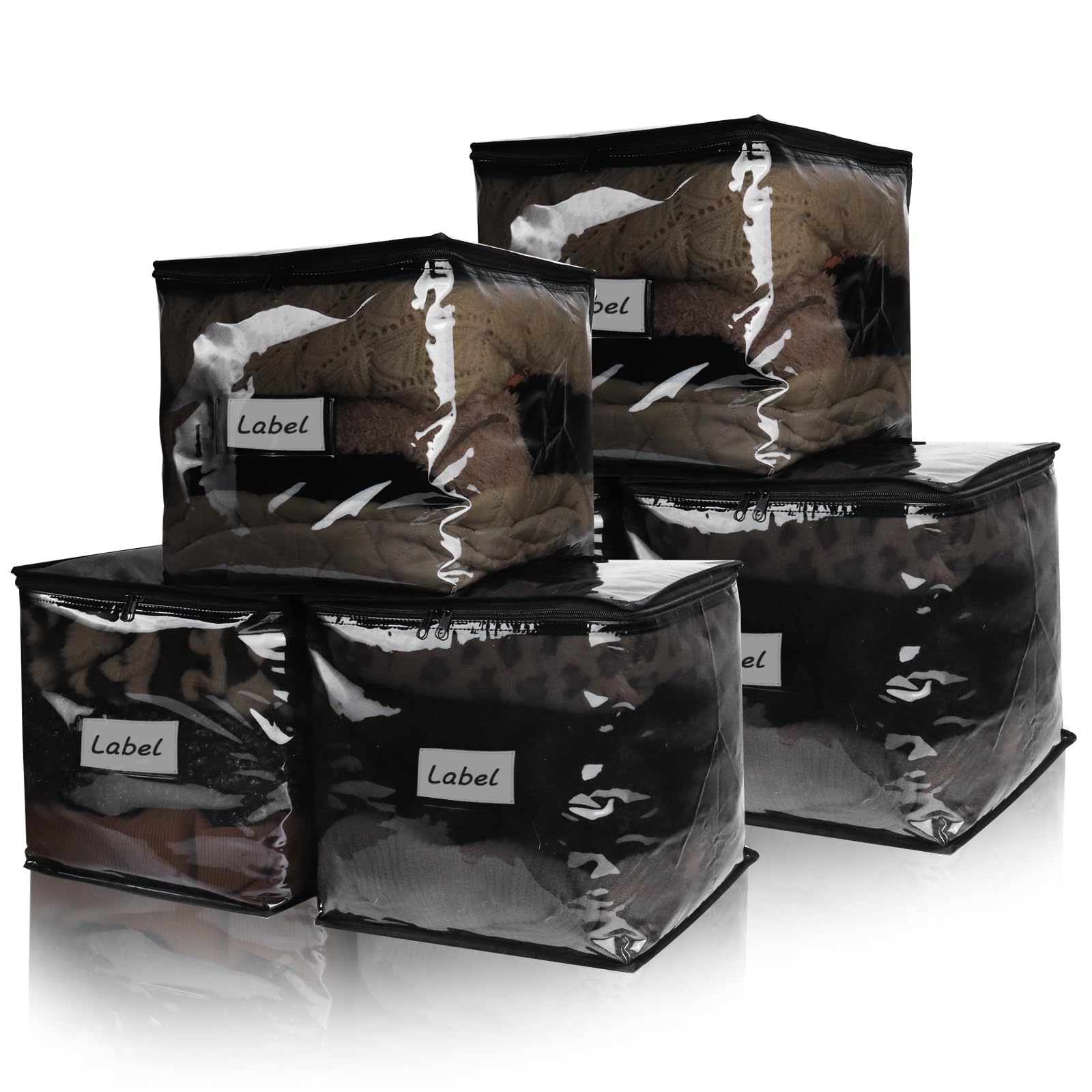 Clear Zippered Plastic Clothes Storage Bags, 6 Pack, White | Clear Storage Bags with Zipper Plastic Storage Bags for Clothes Sweaters Blankets Sheets, Size: 15.7 x 13.8 x 3.9 Inch