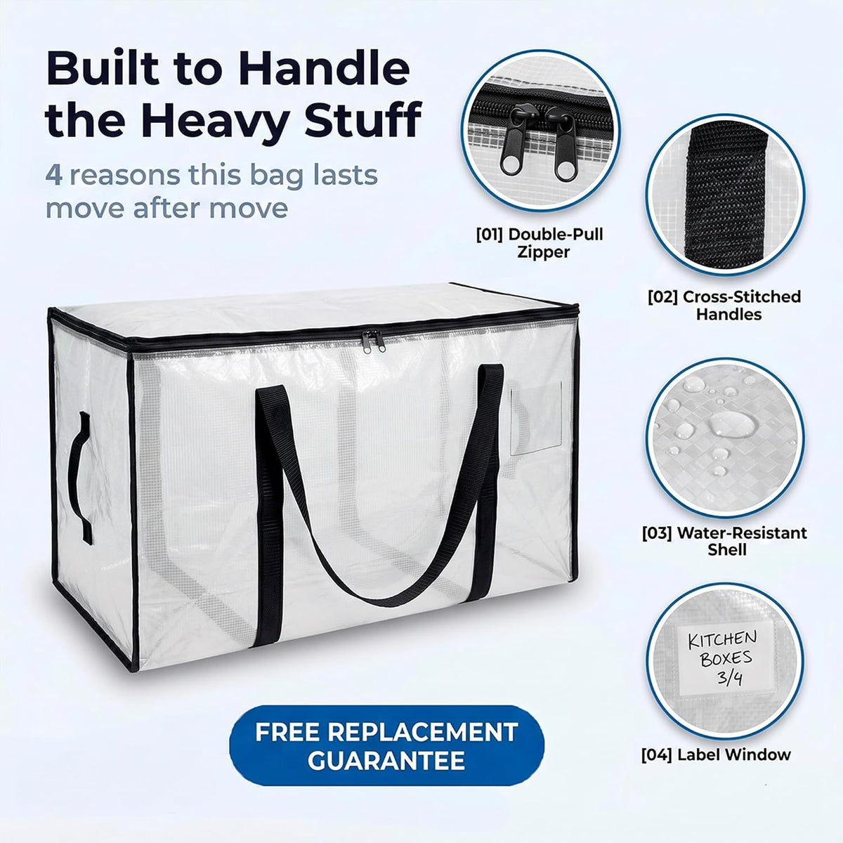 ClearSpace Heavy Duty Moving Bags - Water Resistant Storage Bags with Backpack Straps, Zippers and Handles - Large Moving Boxes for College Dorm, Travel, Closet Organization - 6 Pack, Clear | Heavy-duty moving bags with backpack straps, zippers, and handl