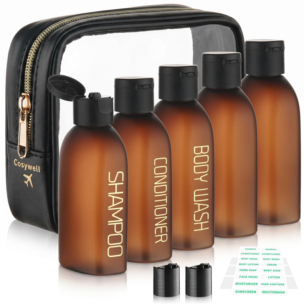 Cosywell 3.4oz 5 Pack Travel Bottles for Toiletries Black Toiletry Bottles | Pre-Printed Shampoo Conditioner & Body Wash, Soft Touch, TSA Approved, Leak Proof, Includes Flip Caps and a Toiletry Bag