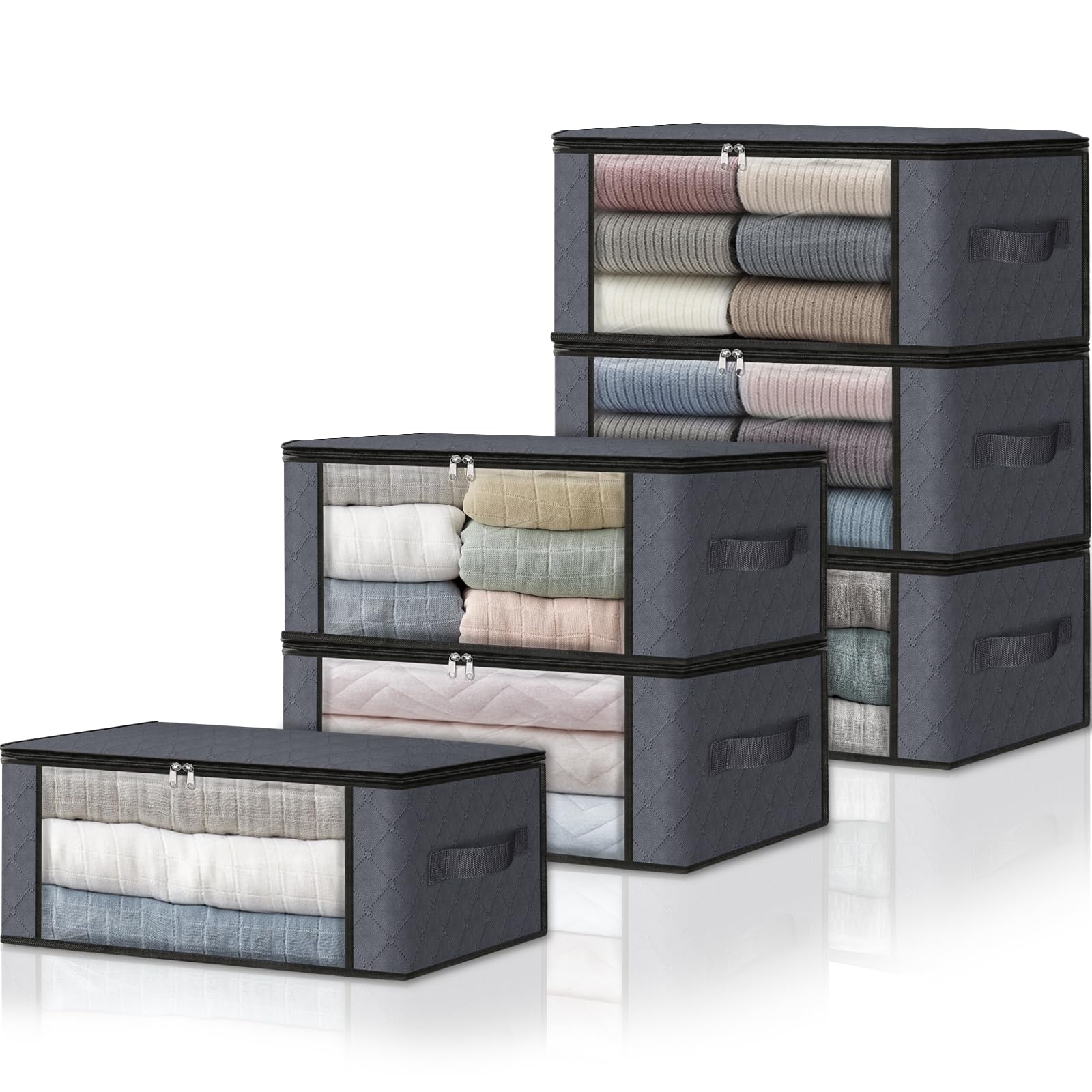 HomeHacks 3-Pack Clothes Organizer Storage Bags, 35L Storage Bins, Gray | Foldable Storage Box Container with Zippers, Clear Window, Reinforced Handles for Closet, Dorm, Pillows, Bedding, Sweater