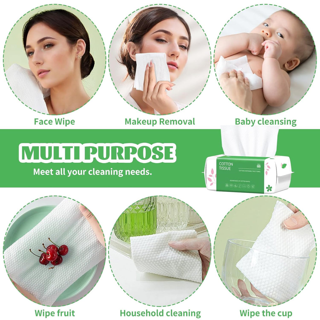 Disposable Face Towel, 100 Count Biodegradable Face Towels, for Washing Soft Cotton Dry Wipes Facial Cloths Towelettes for Washing and Drying, Facial Tissue for Cleansing