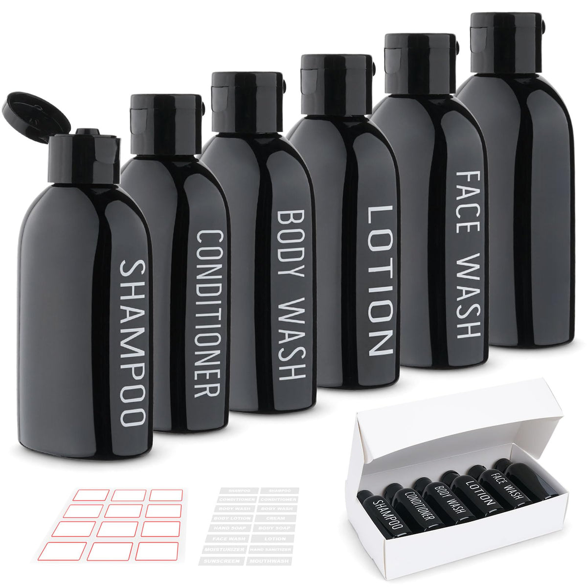 3.4 oz Clear PET Travel Bottles for Toiletries 6-Pack | Reusable, Thick, Tight-Sealing Flip Caps, Print on Label, Permanent Identification Stays, 2 Label Sheets, for Toiletries