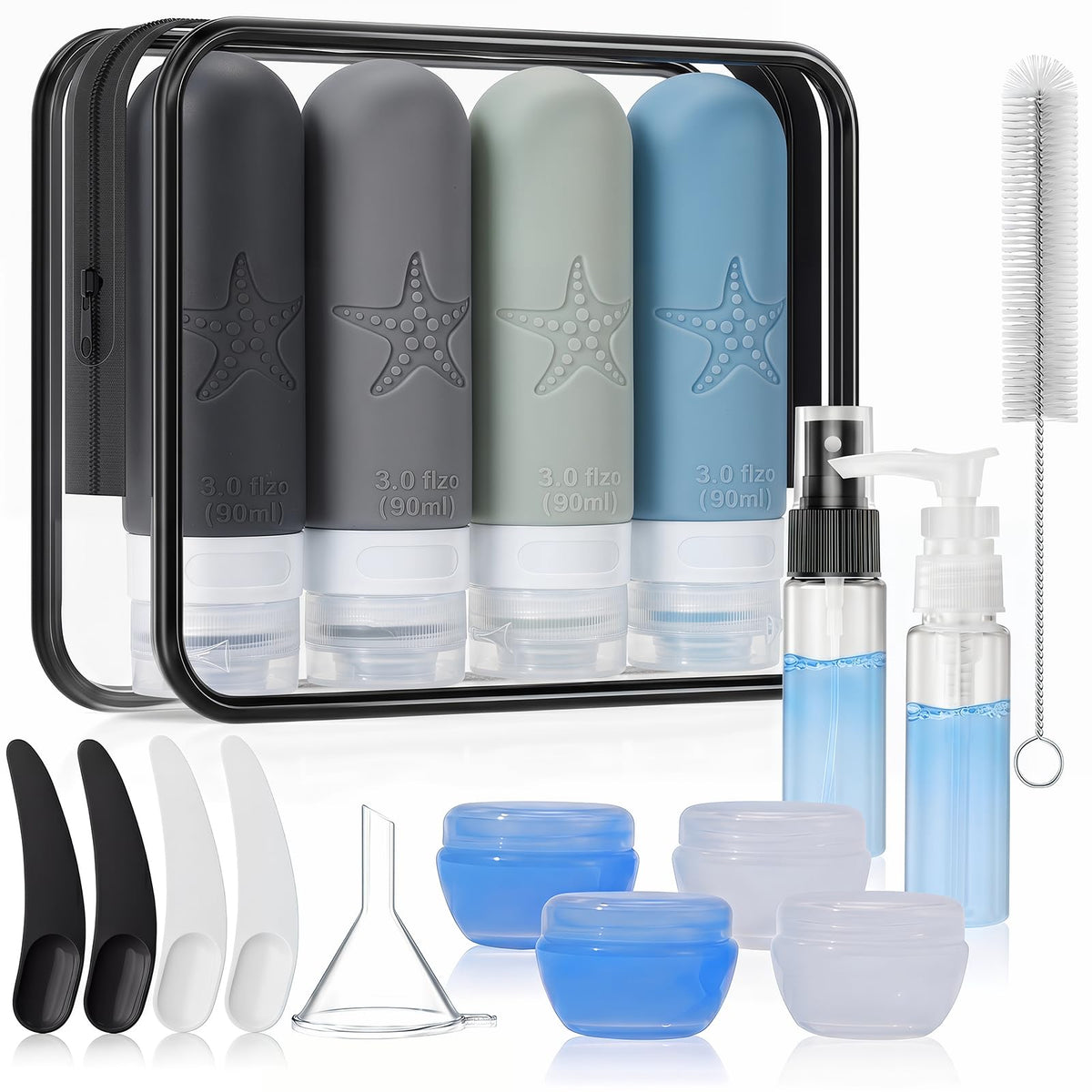18 Pack Travel Bottles for Toiletries - TSA Approved, Triple Leak Proof Silicone Set, 3oz Refillable Travel Essentials Kit for Shampoo, Conditioner, Lotion & More, Gray, BPA Free