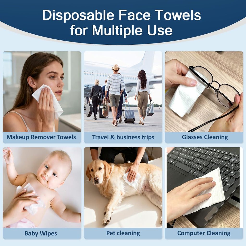 GLIMGLINT Face Towels, Disposable Face Towelettes 100 Count (2 Box) | Biodegradable Makeup Remover Dry Wipes, Super Soft Clean Facial Towels Wash Cloth for Sensitive Skin