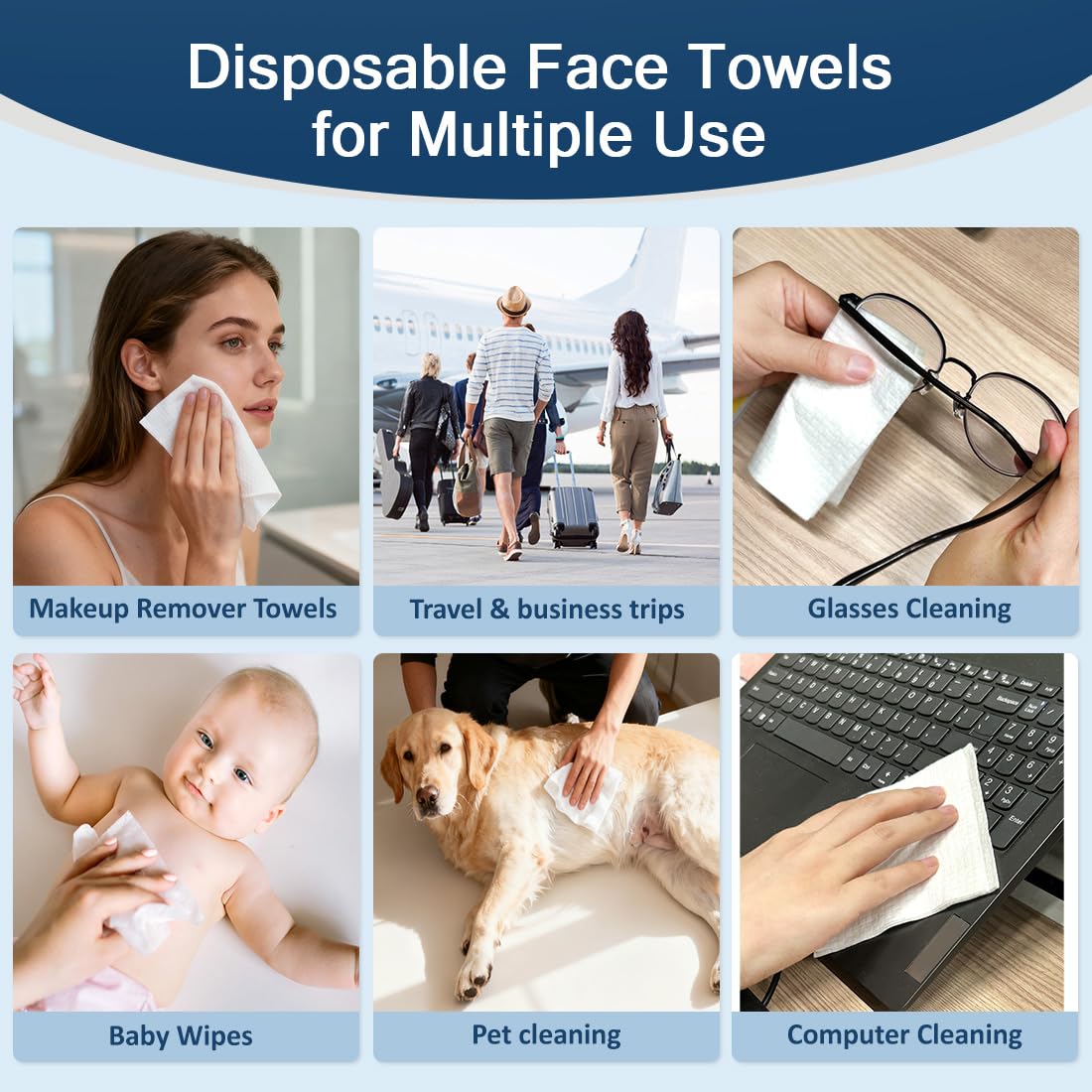 GLIMGLINT Face Towels, Disposable Face Towelettes 100 Count (2 Box) | Biodegradable Makeup Remover Dry Wipes, Super Soft Clean Facial Towels Wash Cloth for Sensitive Skin