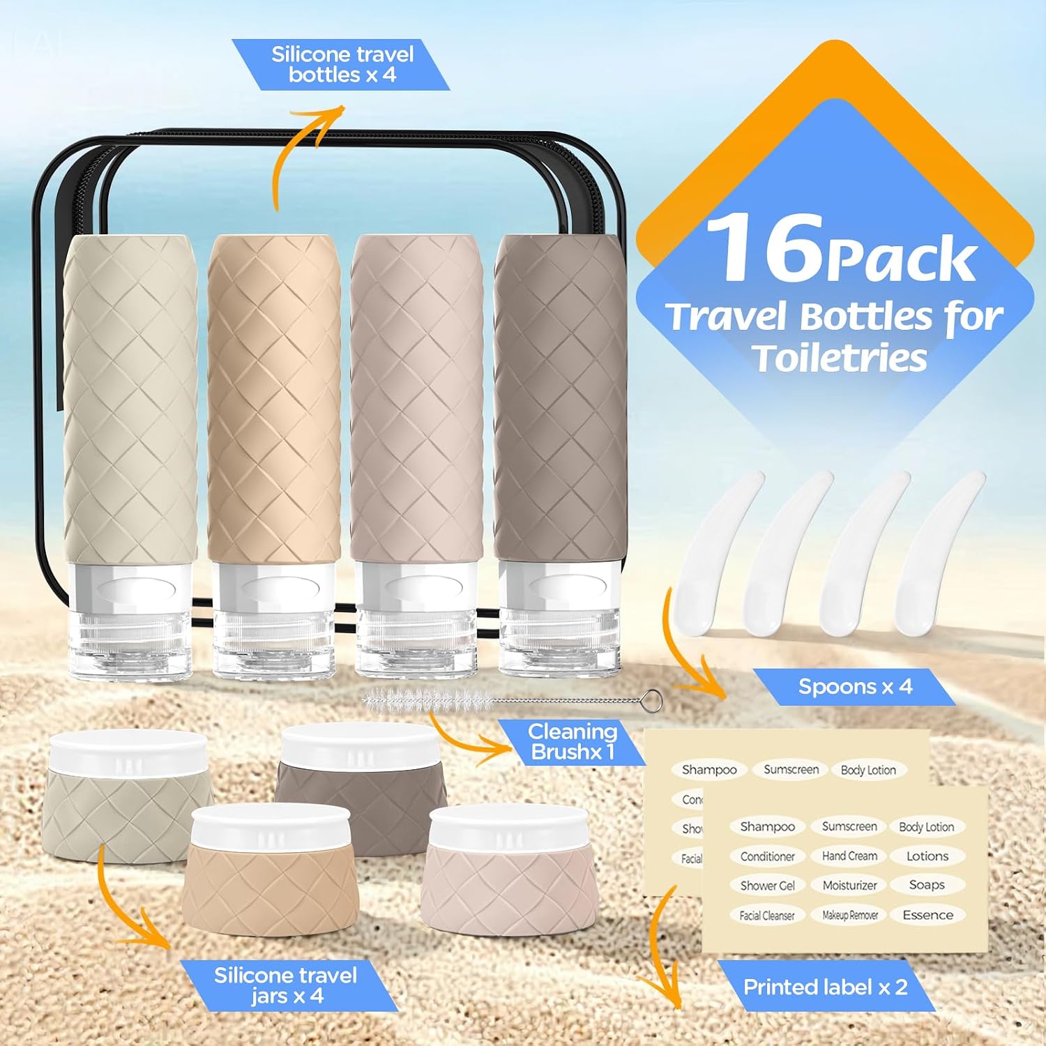 16 Pack Travel Bottles for Toiletries, TSA Approved Travel Size Toiletries Containers Set, BPA-Free Silicone Leak Proof Refillable Bottles Stackable Creams Jars Accessories Kit W/Clear Bag(Cream)