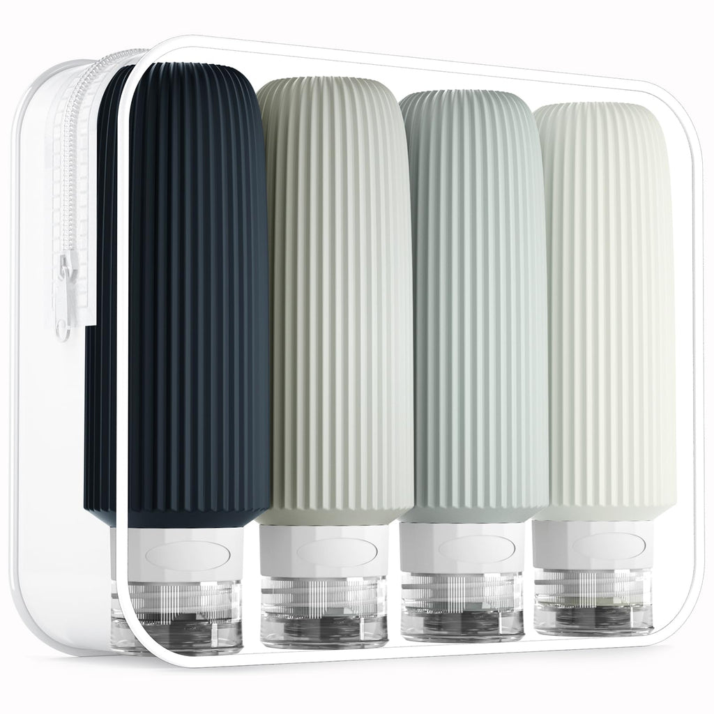 Mrsdry Travel Bottles for Toiletries, Tsa Approved 3oz Portable Travel Bottles, BPA Free Leak Proof Squeezable Silicone Travel Size Containers, Travel Accessories with Clear Toiletry Bag (4 Pack)