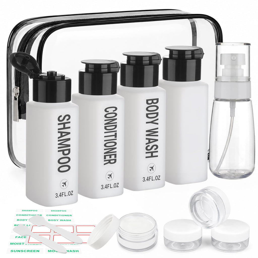 Travel Bottles for Toiletries 14PCS 3.4oz Pre-Printed Containers | Pre-Printed Shampoo, Conditioner, Body Wash, TSA Approved, Wide Mouth, Leak Proof Black Kit, Travel Spray Bottle, Cream Jars