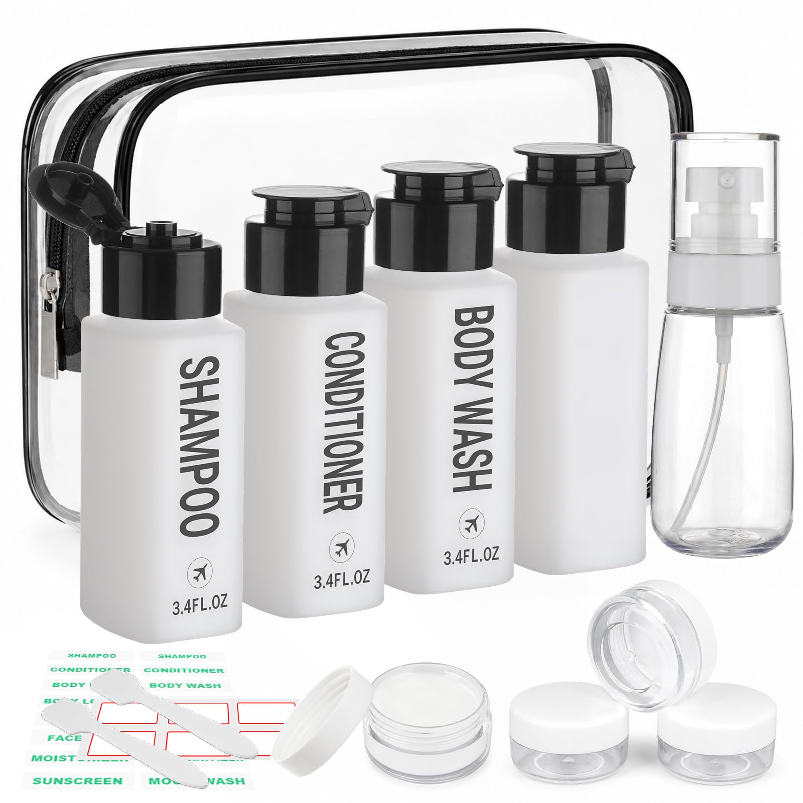 Travel Bottles for Toiletries 14PCS 3.4oz Pre-Printed Containers | Pre-Printed Shampoo, Conditioner, Body Wash, TSA Approved, Wide Mouth, Leak Proof Black Kit, Travel Spray Bottle, Cream Jars