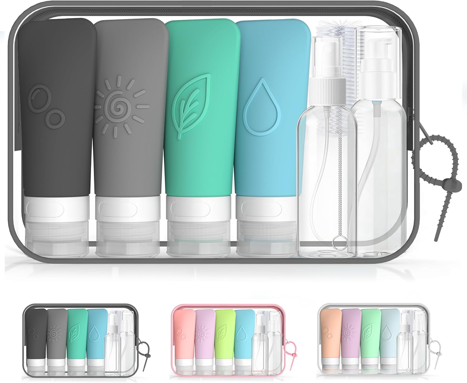 16-Piece Silicone Travel Bottles Set – TSA Approved Leakproof Toiletry Kit with Flat Easy-Squeeze Bottles, Pump & Spray, Waterproof Bag | 16-Piece Silicone Bottles Set,TSA Approved Leakproof,Easy-Squeeze Bottles,Come with Pump,Spray bottles and Waterproof