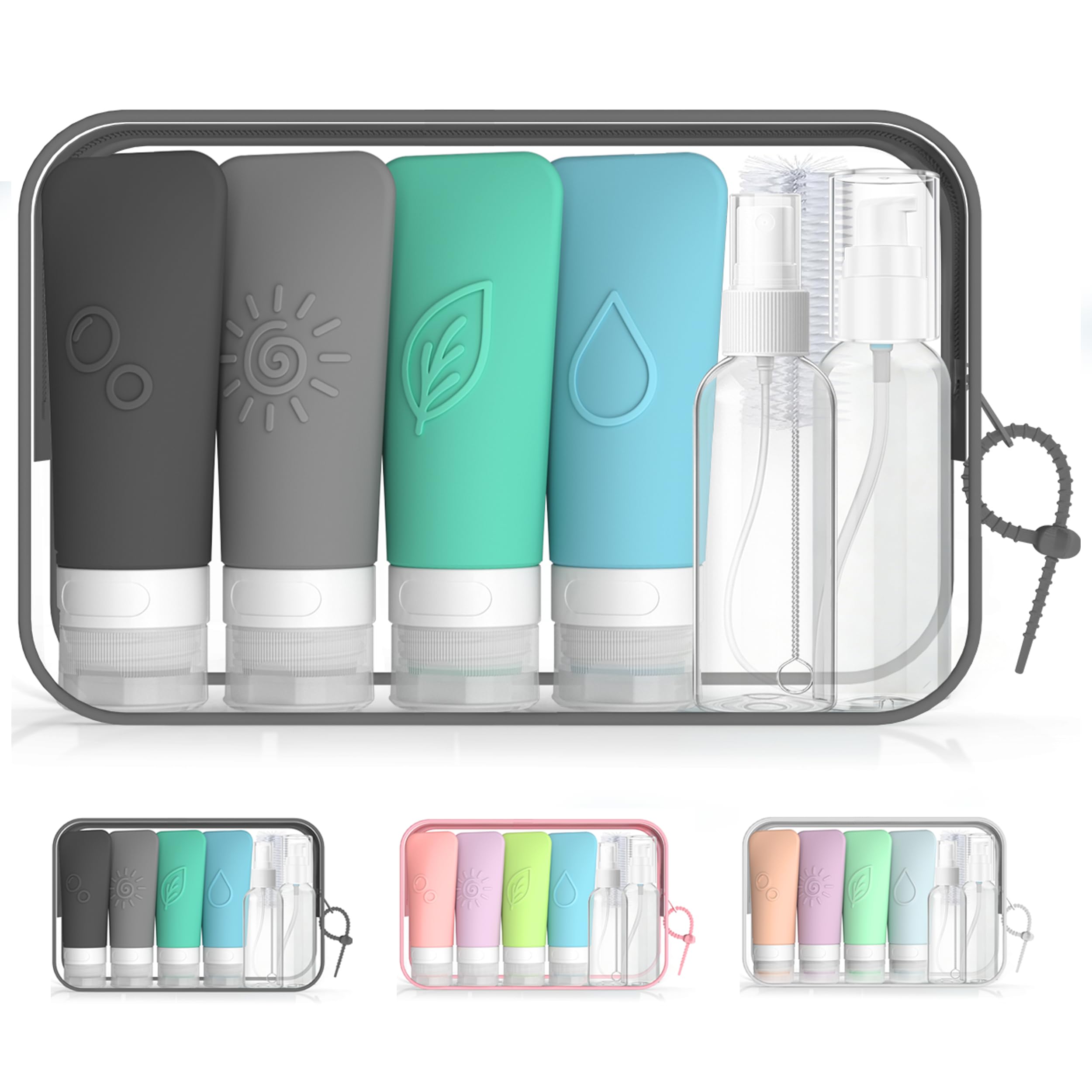 16-Piece Silicone Travel Bottles Set – TSA Approved Leakproof Toiletry Kit with Flat Easy-Squeeze Bottles, Pump & Spray, Waterproof Bag | 16-Piece Silicone Bottles Set,TSA Approved Leakproof,Easy-Squeeze Bottles,Come with Pump,Spray bottles and Waterproof