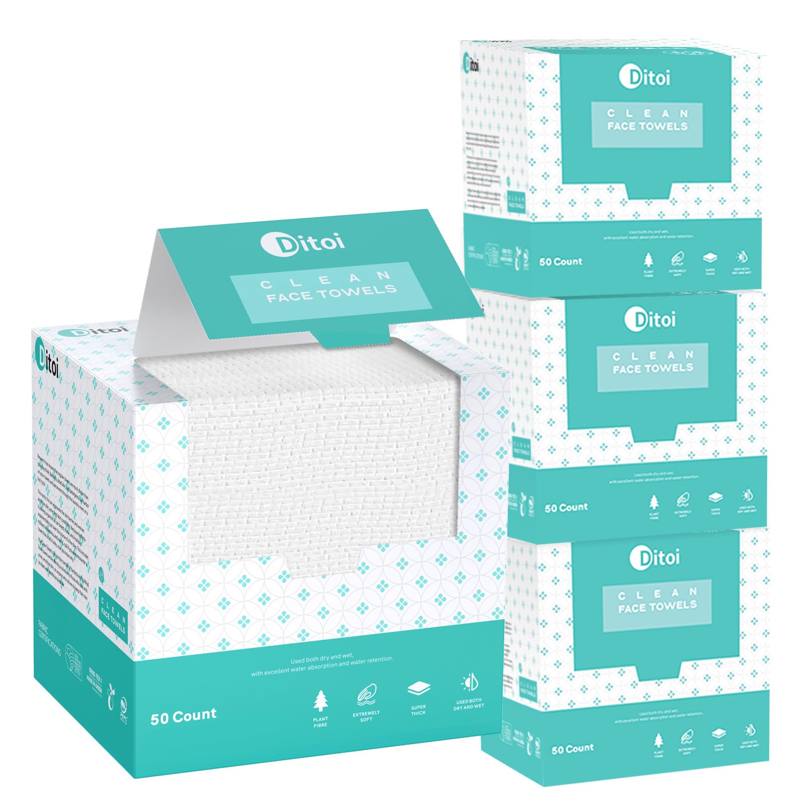 Ditoi Face Towels XXL, Ultra‑Soft Disposable Facial Towels | 10"×12" Thick Face Cloths for All Skin Types, Lint-free Dry Wipes for Skincare, Makeup Removal and Cleansing, 50 Count