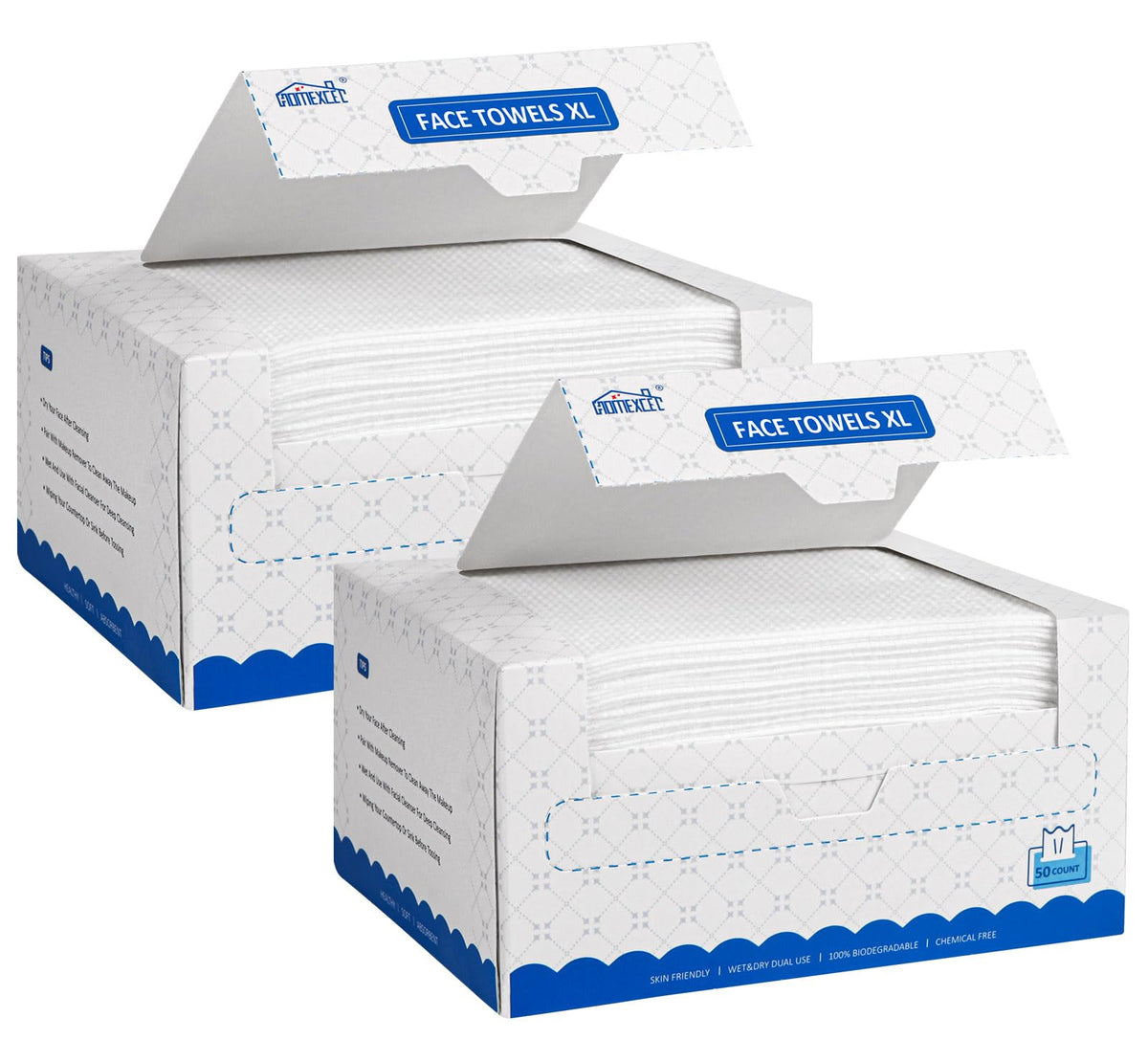 HOMEXCEL Face Towels, Disposable Face Towelette Ultra Soft & Absorbent | Biodegradable Makeup Remover Dry Wipes, Clean Facial Wash Cloth for All Skin, Lint-Free for Skincare & Cleansing, 50 Count