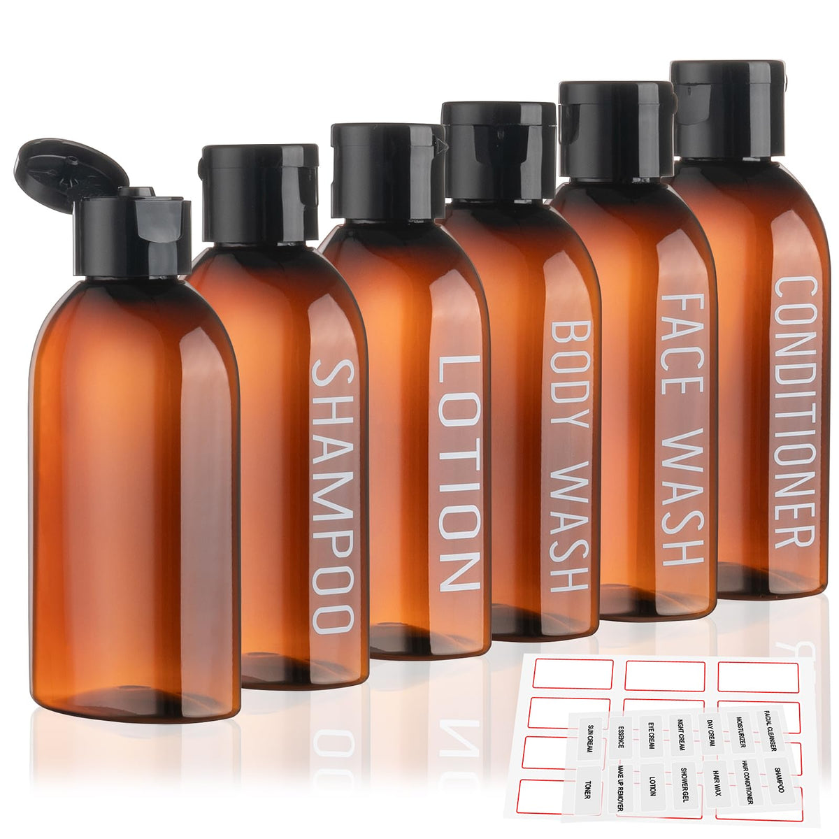 3.4 oz Clear PET Travel Bottles for Toiletries 6-Pack | Reusable, Thick, Tight-Sealing Flip Caps, Print on Label, Permanent Identification Stays, 2 Label Sheets, for Toiletries