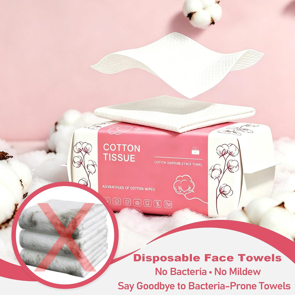 100 Count Disposable Face Towel, Dual-Textured Facial Wash Cloth | Ultra Thick Soft Cotton Disposable Washcloths for Washing & Drying, Facial Tissue for Cleansing, Skincare and Makeup Remover